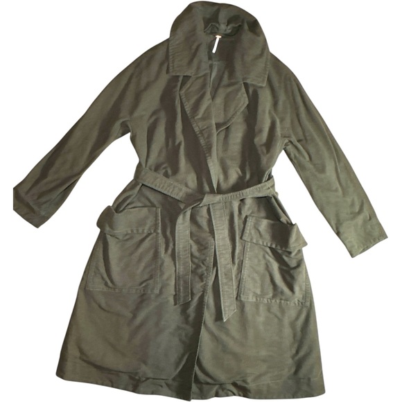 Free People Brushed Cotton Long Duster Belted Coat Medium Olive Green Heavy - Picture 1 of 16